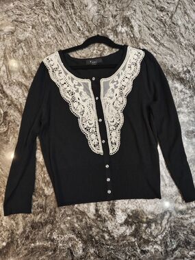 Forever 21 Black Cardigan with Cream Lace Trim